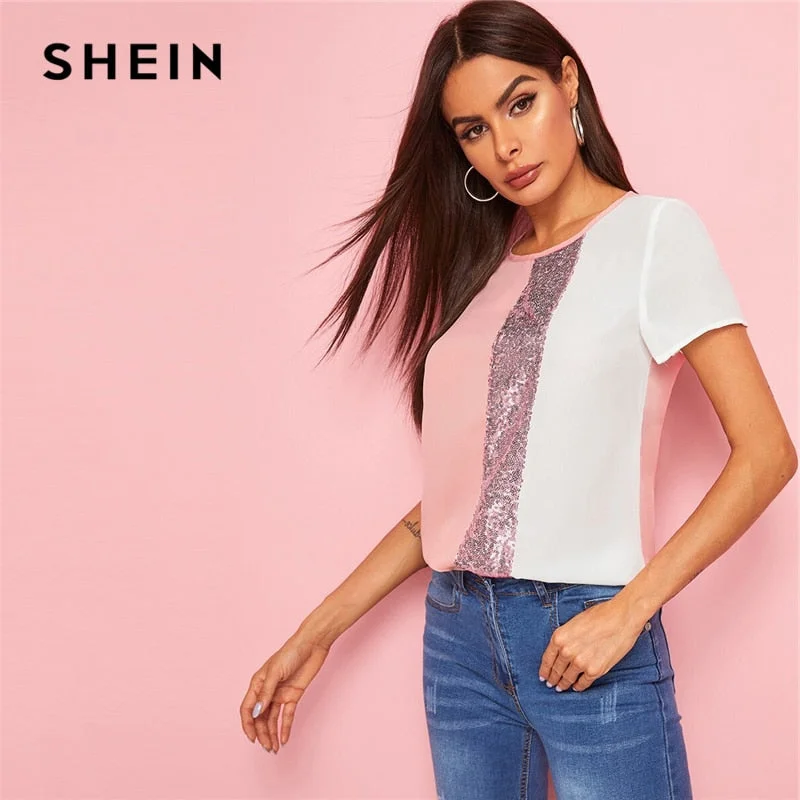 SHEIN Sequins Contrast Panel Spliced Cut-And-Sew Top Womens Tops and Blouses 2019 Casual Colorblock Short Sleeve Summer Blouses Bell Sleeve Blouse