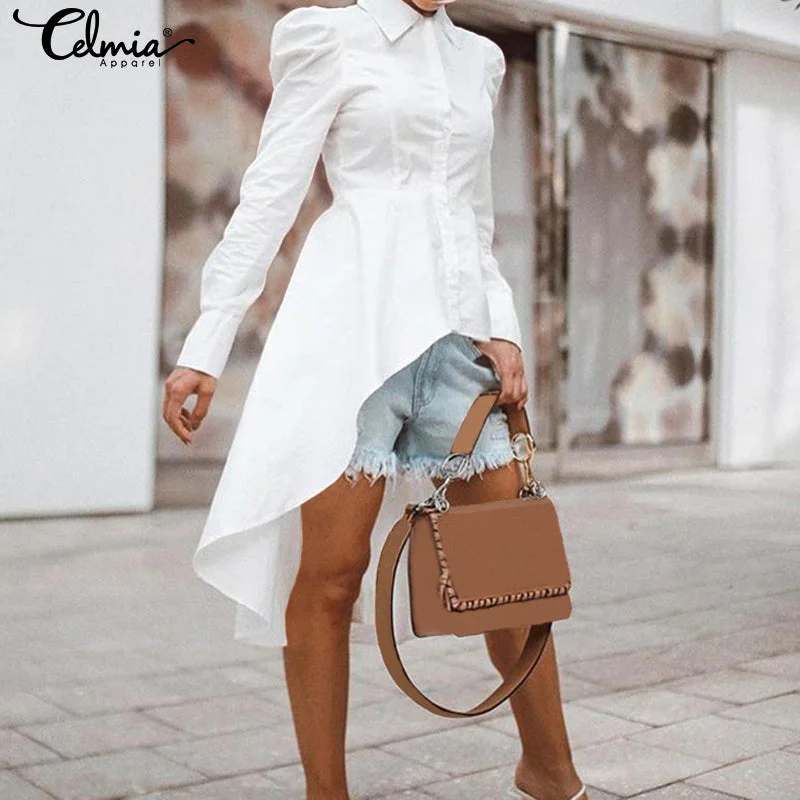 Stylish Tunic Tops Celmia 2019 Autumn Women Shirts Lapel Neck Long Sleeve Asymmetrical Blouses Casual Solid Party Blusas Mujer Delicate Bow Blouse
