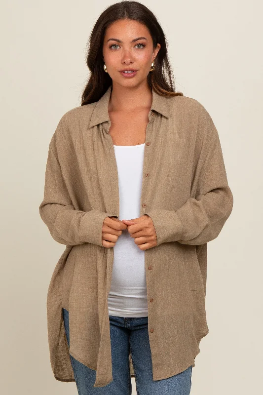 Taupe Lightweight Sheer Button Down Maternity Blouse High Neck Blouse