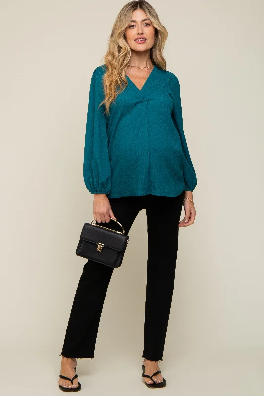 Teal Textured Long Sleeve Maternity Blouse Slim Fit Blouse
