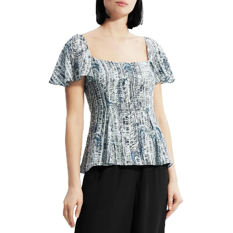 Theory Womens Silk Square Neck Blouse Semi-Sheer Blouse