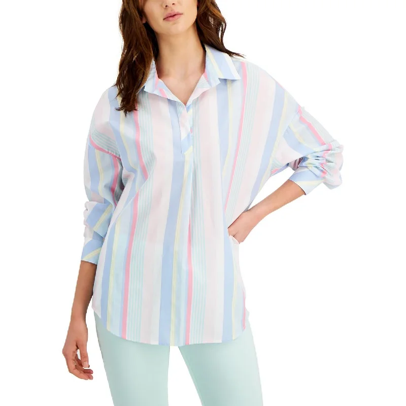 Tommy Hilfiger Womens Cotton Striped Blouse Embroidered Floral Blouse