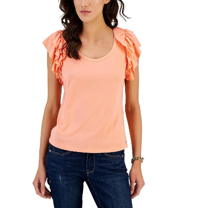 Tommy Hilfiger Womens Ruffled Scoop Neck Blouse Side Tie Blouse