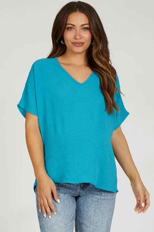 Turquoise Short Sleeve Maternity Blouse Sweetheart Neck Blouse