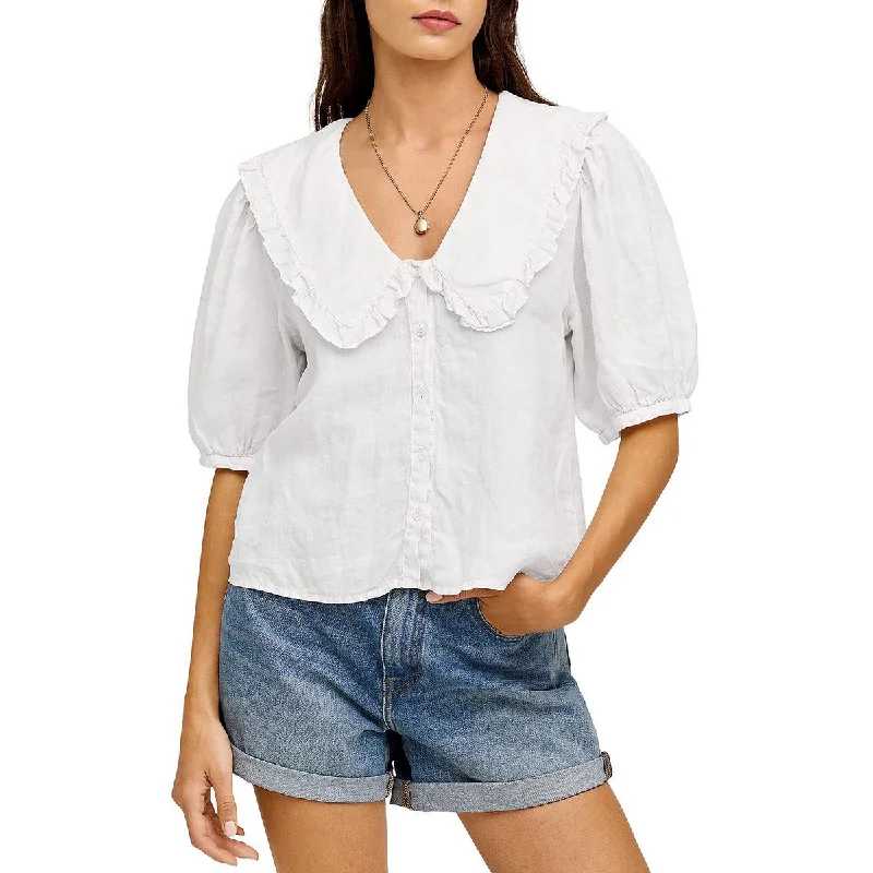 VELVET BY GRAHAM & SPENCER Womens Linen Button-Down Blouse Sweetheart Neck Blouse