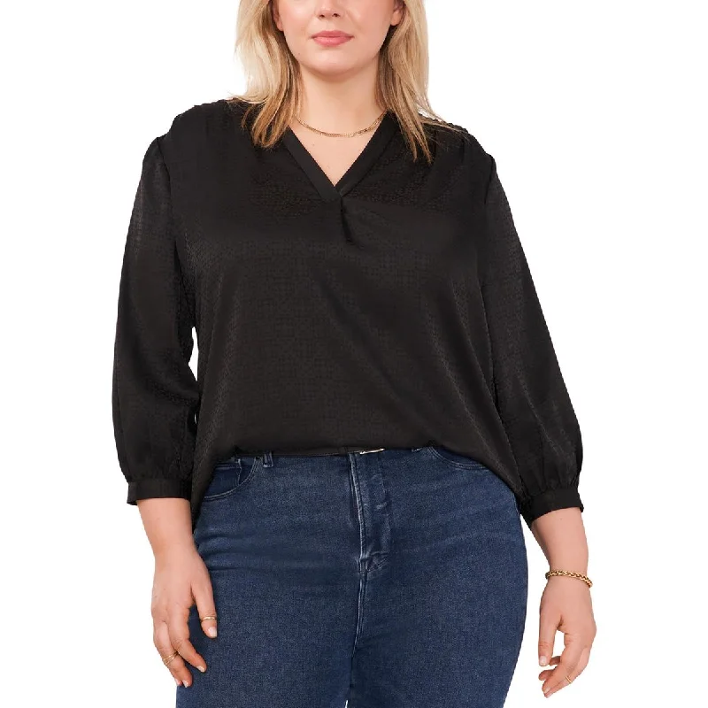 Vince Camuto Womens Plus Jacquard V Neck Blouse Puff Sleeve Blouse