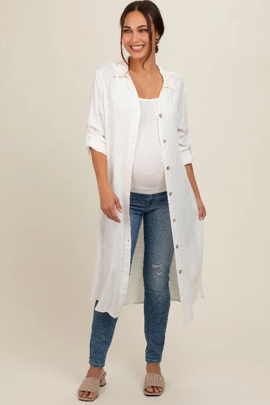 White Collared Button Down Long Maternity Blouse Elegant Embroidery Blouse