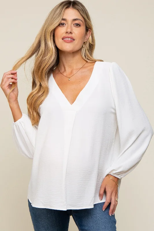 White Long Puff Sleeve Maternity Blouse Top Sheer Sleeve Blouse