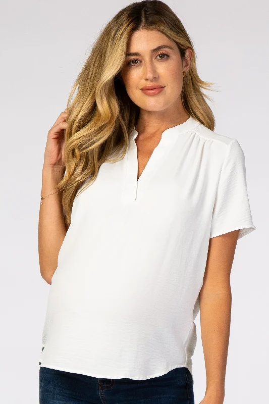 White Short Sleeve V-Neck Maternity Blouse Soft Modal Blouse