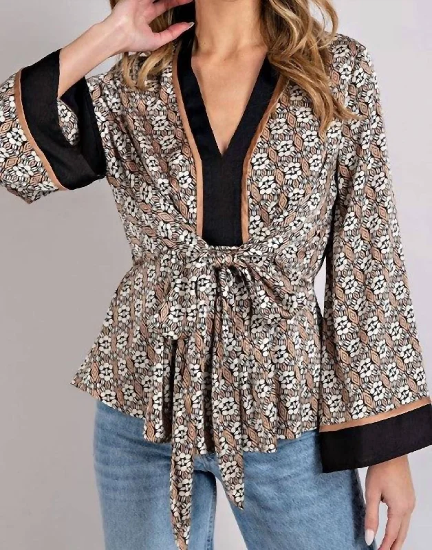 Amela Tie-Front Blouse In Black Boho Printed Blouse