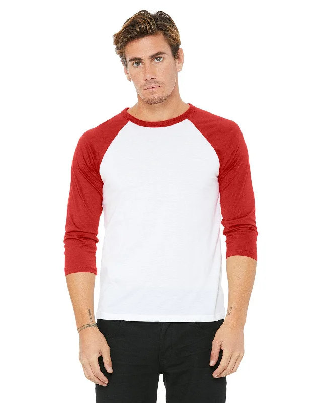 Bella+Canvas Unisex Triblend 3/4-Sleeve Baseball T-Shirt | White/ Red Hooded Caped Shawl Collar Bella+Canvas Unisex Triblend 3/4-Sleeve Baseball T-Shirt | White/ Red Hooded Caped Shawl Collar