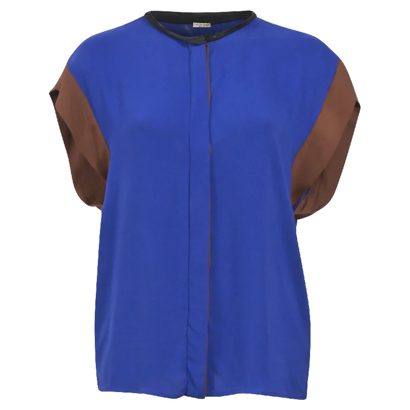 Bottega Veneta Colorblock Blouse in Blue Silk Pleated Collar Blouse