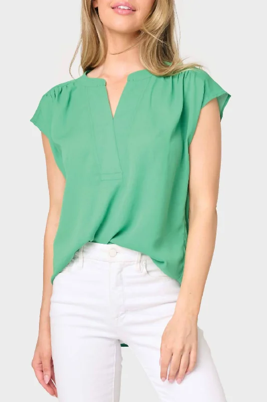 Cap Sleeve Stitched Notch V-Neck Blouse In Grass Green Textured Cotton Blouse