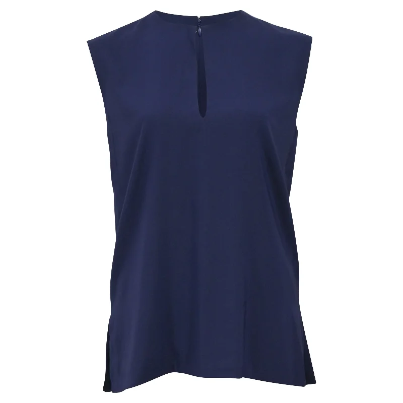 Celine Sleeveless Blouse in Navy Blue Silk Feminine Tie Blouse