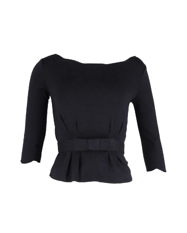 Christian Dior Bow Detail Blouse in Navy Blue Wool Soft Modal Blouse