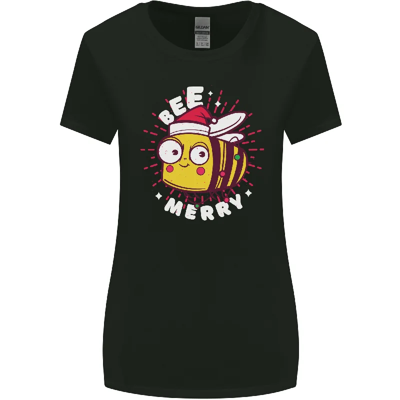 Christmas Bee Merry Funny Novelty Womens Wider Cut T-Shirt Denim Fabric Leather Fabric Suede Fabric