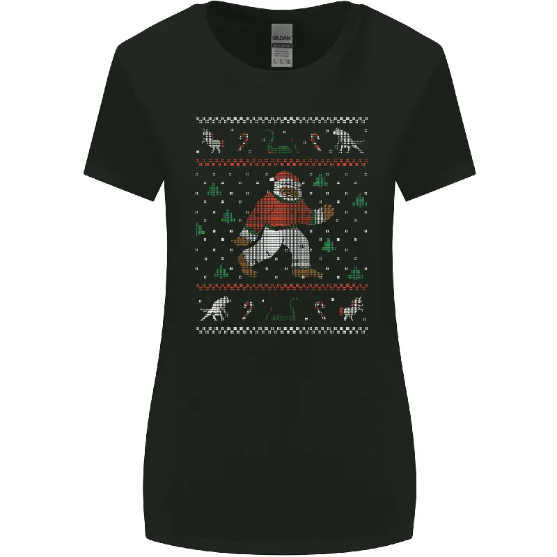 Christmas Bigfoot Funny Xmas Womens Wider Cut T-Shirt Striped Floral Plaid