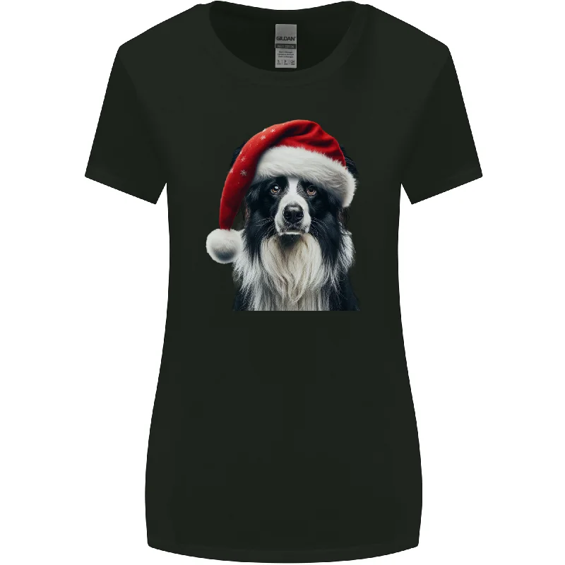 Christmas Border Collie Wearing an Xmas Hat Dog Womens Wider Cut T-Shirt Mesh Blend Leather Blend Suede Blend Christmas Border Collie Wearing an Xmas Hat Dog Womens Wider Cut T-Shirt Mesh Blend Leather Blend Suede Blend