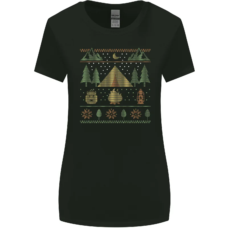 Christmas Camping Xmas Tent Funny Womens Wider Cut T-Shirt Print Jacquard Patchwork
