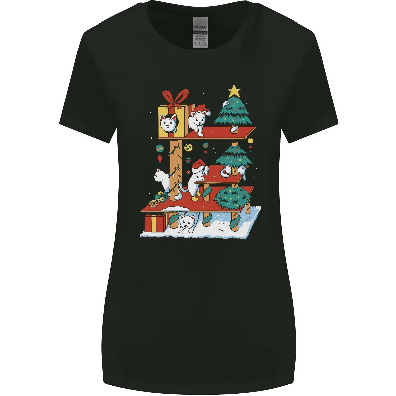 Christmas Cat House Funny Winter Xmas Womens Wider Cut T-Shirt Asymmetrical Pockets Print