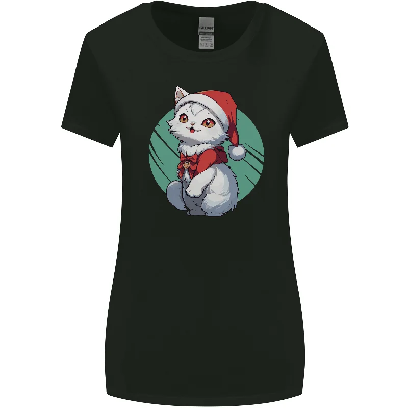 Christmas Cat With Green Background Womens Wider Cut T-Shirt Casual Formal Business