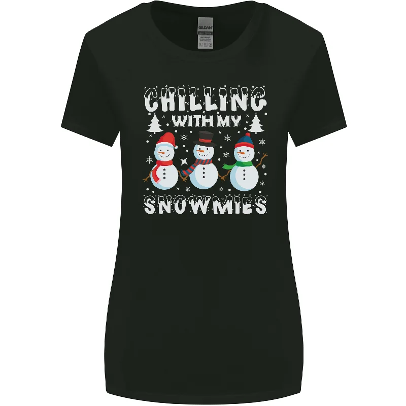 Christmas Chilling With My Snowmies Funny Womens Wider Cut T-Shirt Fleece Fabric Down Fabric Feather Fabric Christmas Chilling With My Snowmies Funny Womens Wider Cut T-Shirt Fleece Fabric Down Fabric Feather Fabric