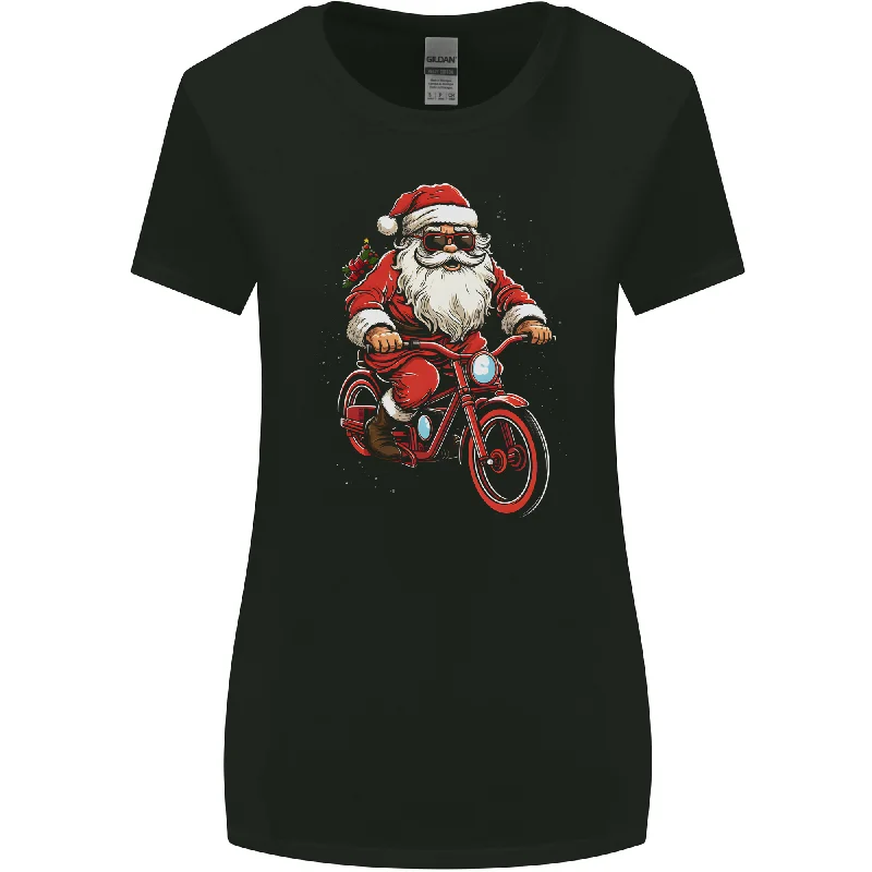 Christmas Cycling Santa Claus Bicycle Womens Wider Cut T-Shirt Ribbed Striped Patterned Christmas Cycling Santa Claus Bicycle Womens Wider Cut T-Shirt Ribbed Striped Patterned