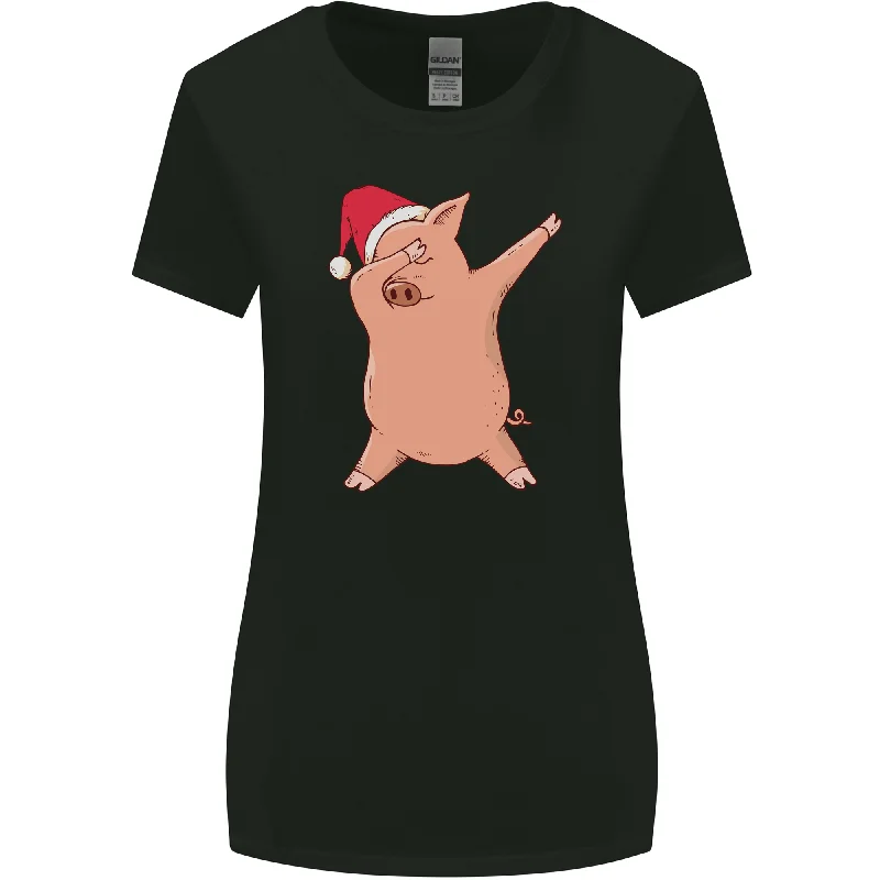 Christmas Dabbing Pig Wearing an Xmas Hat Womens Wider Cut T-Shirt Print Jacquard Patchwork Christmas Dabbing Pig Wearing an Xmas Hat Womens Wider Cut T-Shirt Print Jacquard Patchwork