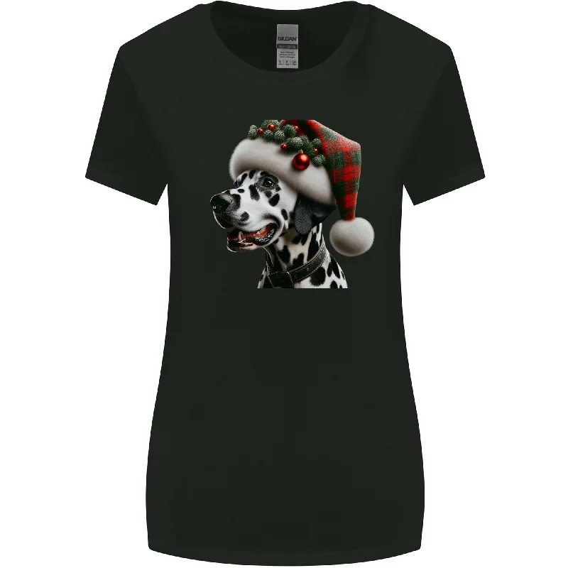 Christmas Dalmatian Dog Wearing a Xmas Hat Womens Wider Cut T-Shirt Welt Pockets Slit Pockets Christmas Dalmatian Dog Wearing a Xmas Hat Womens Wider Cut T-Shirt Welt Pockets Slit Pockets