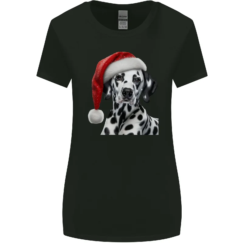 Christmas Dalmatian Wearing a Xmas Hat Dog Womens Wider Cut T-Shirt Collared T-Shirt Boat Neck A-Line