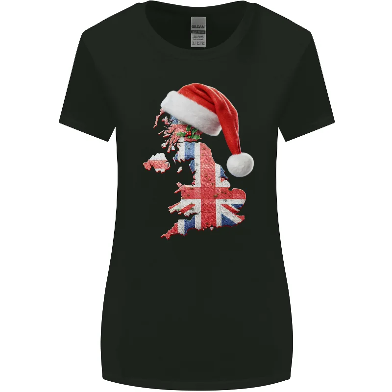 Christmas Great Britain UK Union Jack Flag Xmas Womens Wider Cut T-Shirt Notch Collar Peter Pan Collar Cowl Neck