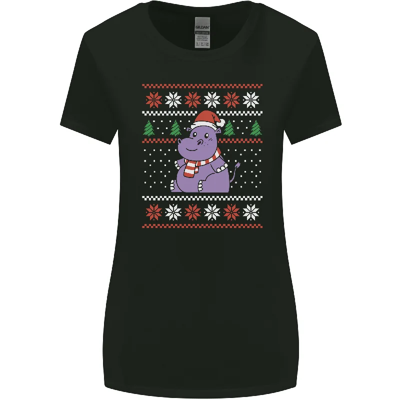 Christmas HIppo Xmas Hippopotamus Womens Wider Cut T-Shirt Mesh Fabric Canvas Fabric Denim Fabric Christmas HIppo Xmas Hippopotamus Womens Wider Cut T-Shirt Mesh Fabric Canvas Fabric Denim Fabric