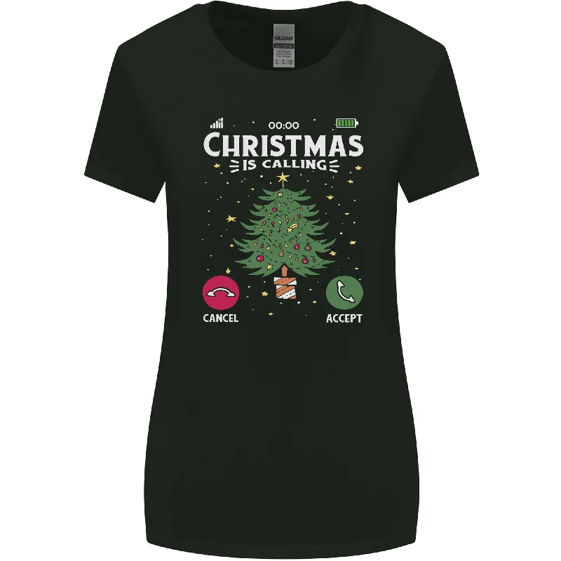 Christmas Is Calling Funny Xmas Phone Womens Wider Cut T-Shirt Asymmetrical Pockets Print Christmas Is Calling Funny Xmas Phone Womens Wider Cut T-Shirt Asymmetrical Pockets Print