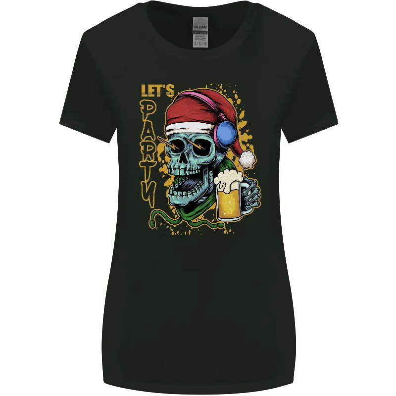 Christmas Party Skull Drinking Beer Alcohol Womens Wider Cut T-Shirt Real Fur Shearling Chenille