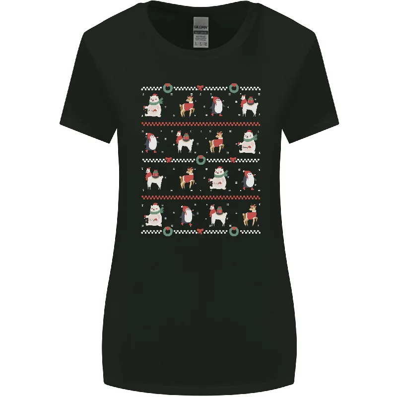 Christmas Penguin Llama Reindeer Bear Xmas Womens Wider Cut T-Shirt Lace Blend Ribbed Blend Corduroy Blend