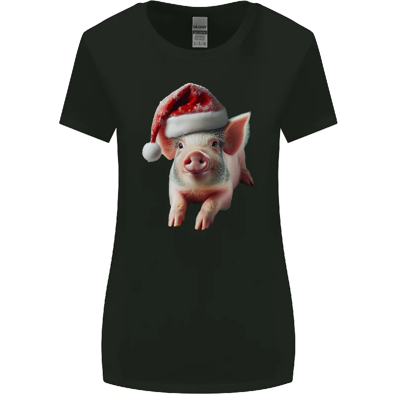 Christmas Pig Wearing Xmas Hats Piglets Womens Wider Cut T-Shirt Denim Fabric Leather Fabric Suede Fabric