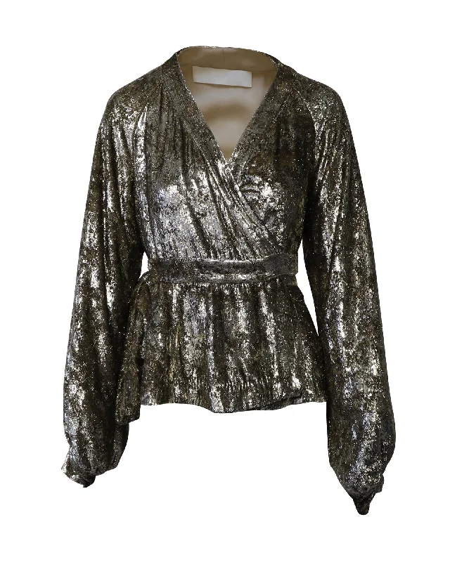 Co Metallic Velvet Wrap Blouse in Gold Polyester Delicate Pleat Blouse