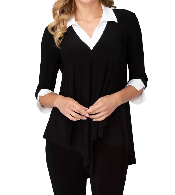 Collared Blouse In Black/white Casual Button Blouse