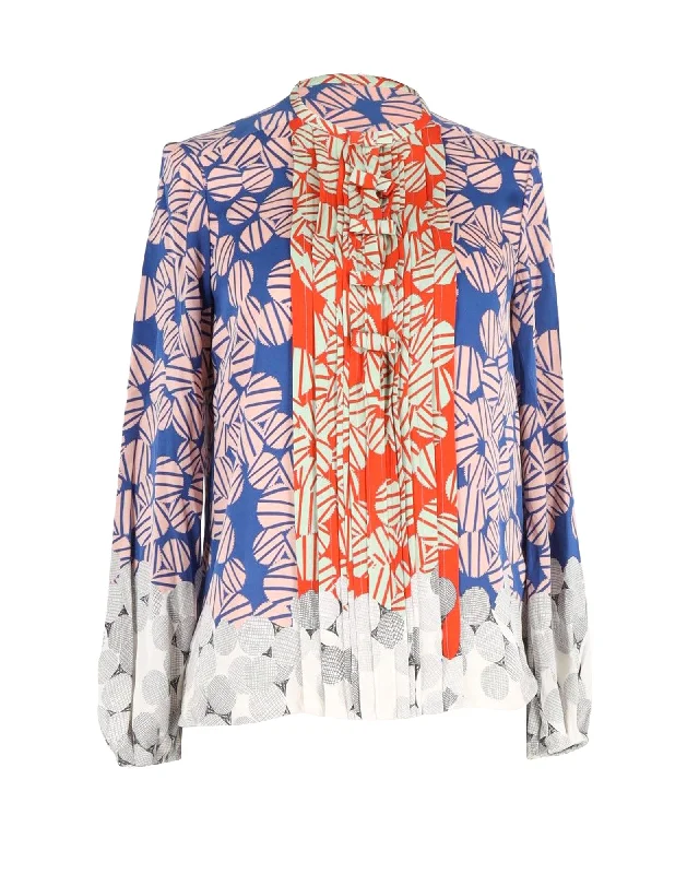 Diane Von Furstenberg Printed Long-Sleeve Blouse in Multicolor Silk Silky Tunic Blouse