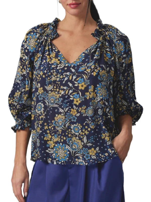 Ellie Blouse In Blue Anemone Silky Draped Blouse