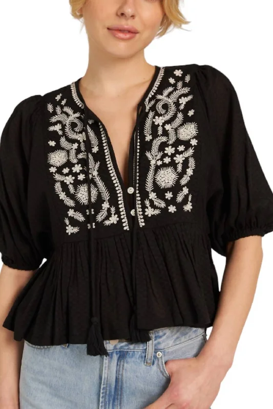 Embroidered Puff Sleeve Blouse Top In Black Modern Oversized Blouse