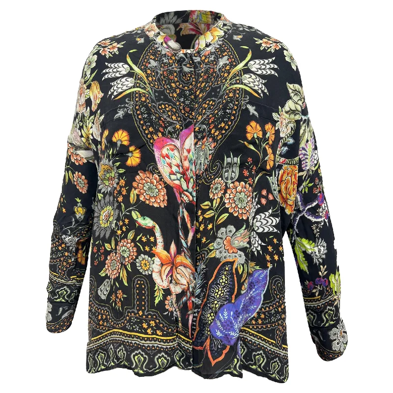 Etro Printed Long Sleeve Blouse in Black Silk Pastel Color Blouse