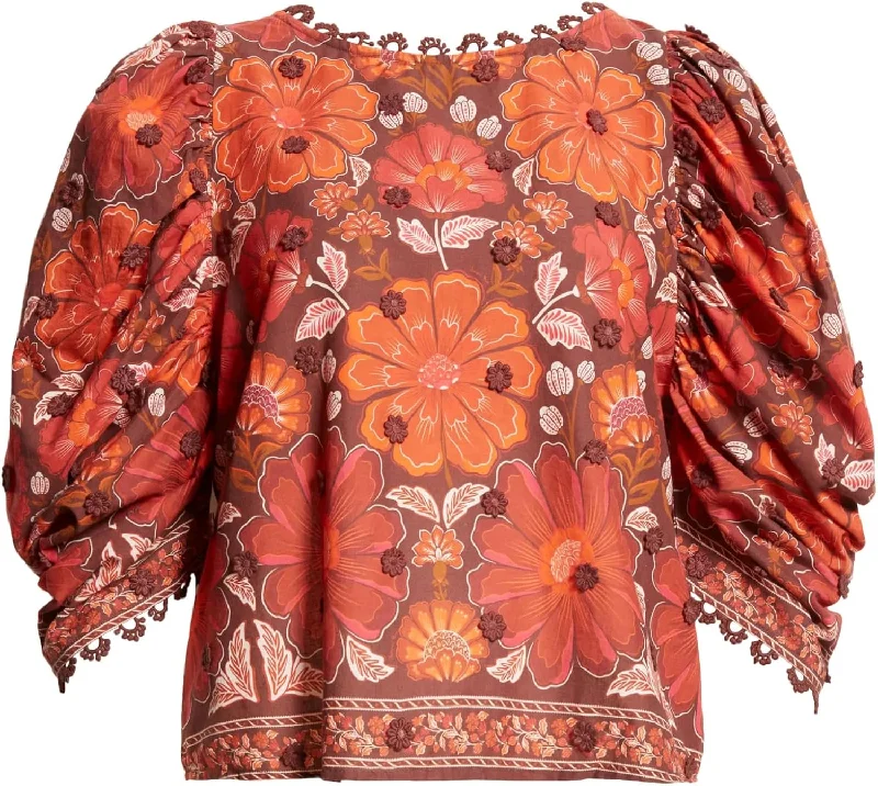 Farm Rio Women's Gigi Tapestry Brown Blouse Casual Button Blouse