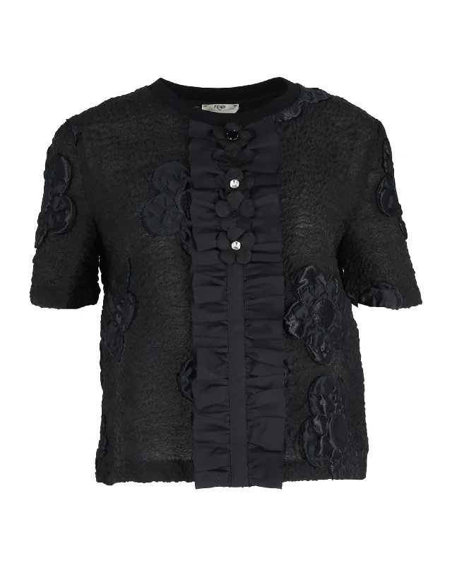 Fendi Embroidered Flower Blouse in Black Wool Modern Oversized Blouse