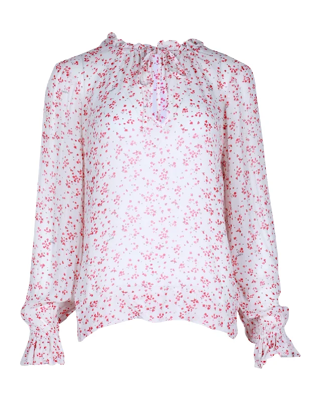 Ganni Ruffled Floral-Print Blouse in White Viscose Ruffled Neck Blouse