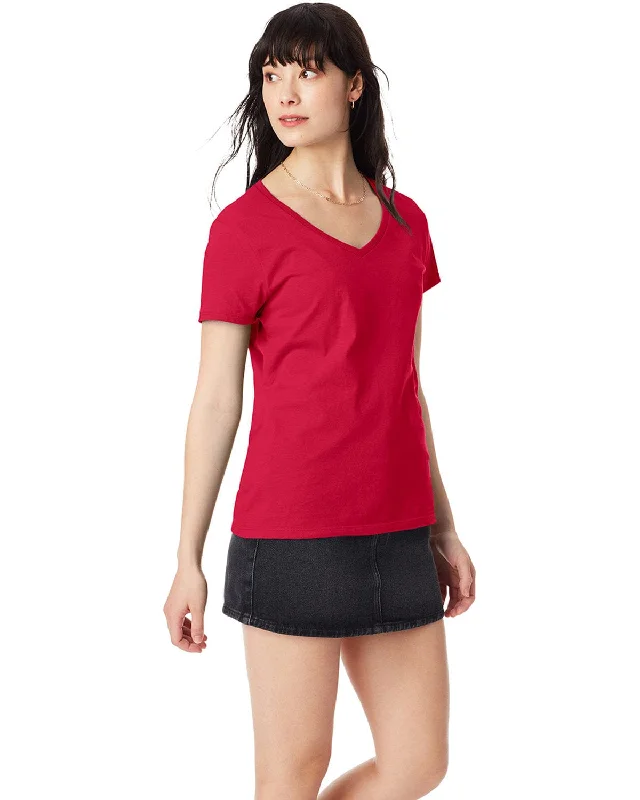 Hanes Ladies Ringspun Cotton Nano V-Neck T-Shirt | Deep Red Solid Print Embellished