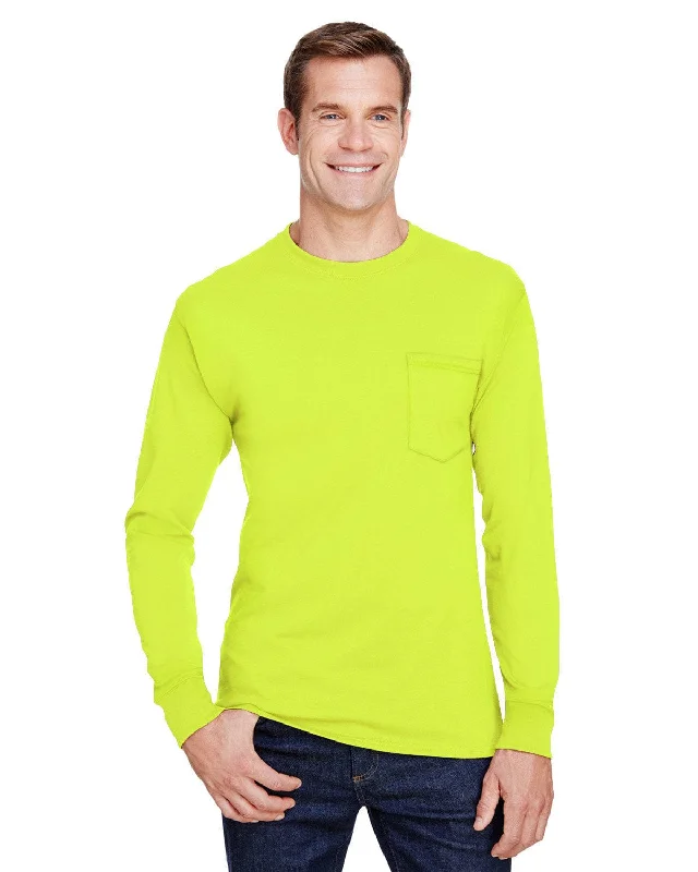 Hanes Workwear Long Sleeve Pocket T-Shirt | Safety Green Hooded Caped Shawl Collar