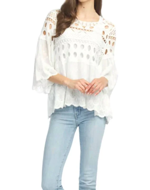 Idina Crochet Embroidered Blouse In White Double-Layered Blouse