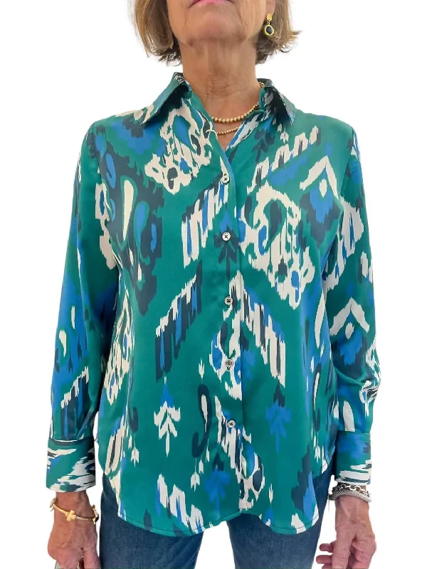 Ikat Blouse In Green Ikat Collared Satin Blouse