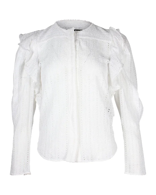 Isabel Marant Broderie Anglaise Ruffle-Trim Blouse in White Cotton Wrap Front Blouse